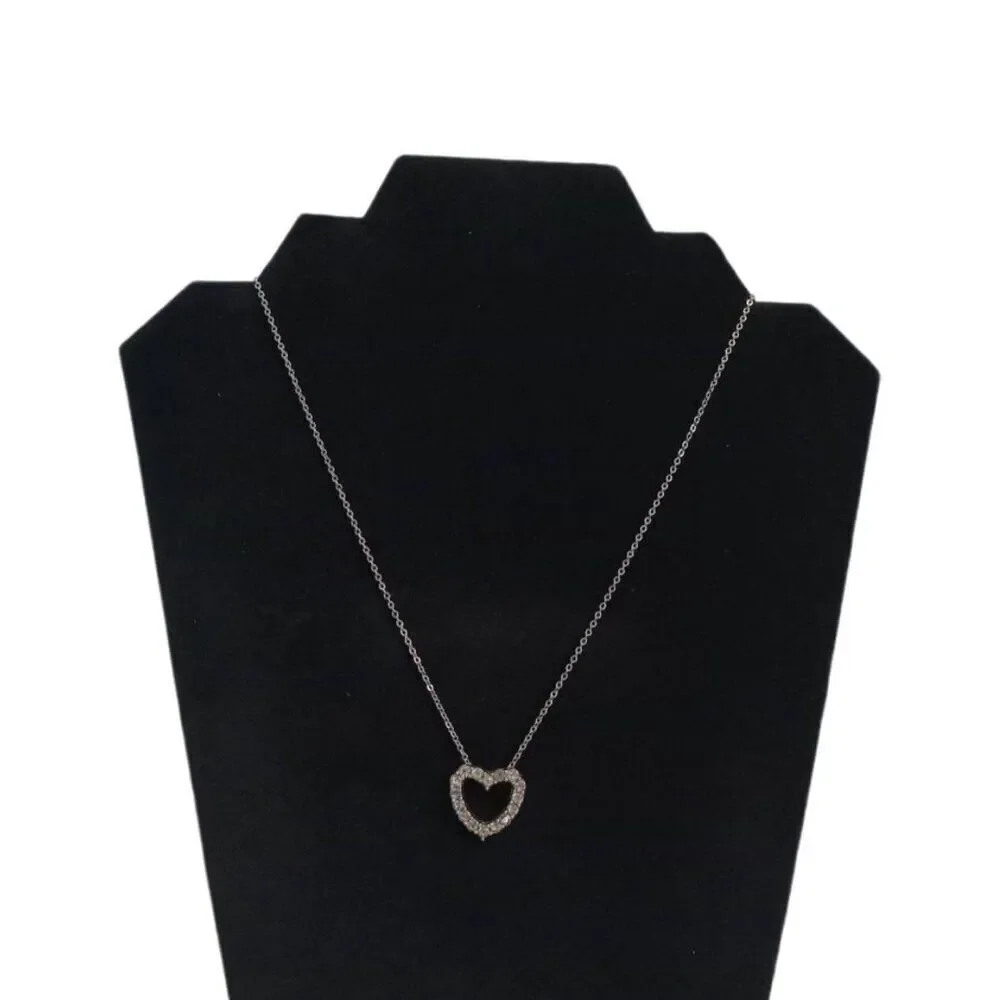 Small Rhinestone Encrusted Heart Shaped Pendant Silver Tone Lightweight Necklace